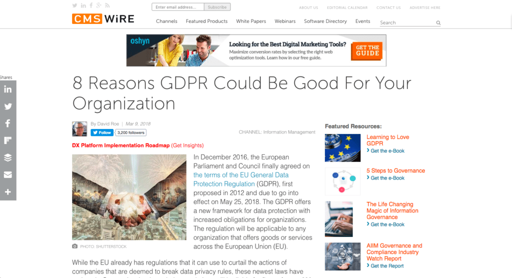 Scott Amyx Interviewed by CMS Wire on GDPR